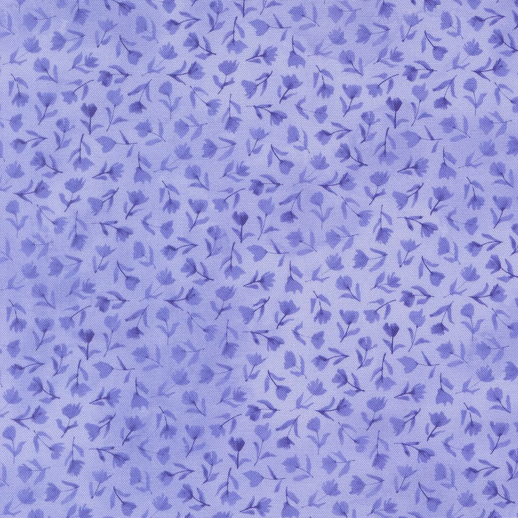 Close-up of light purple fabric with darker purple floral pattern of small flowers and leaves.