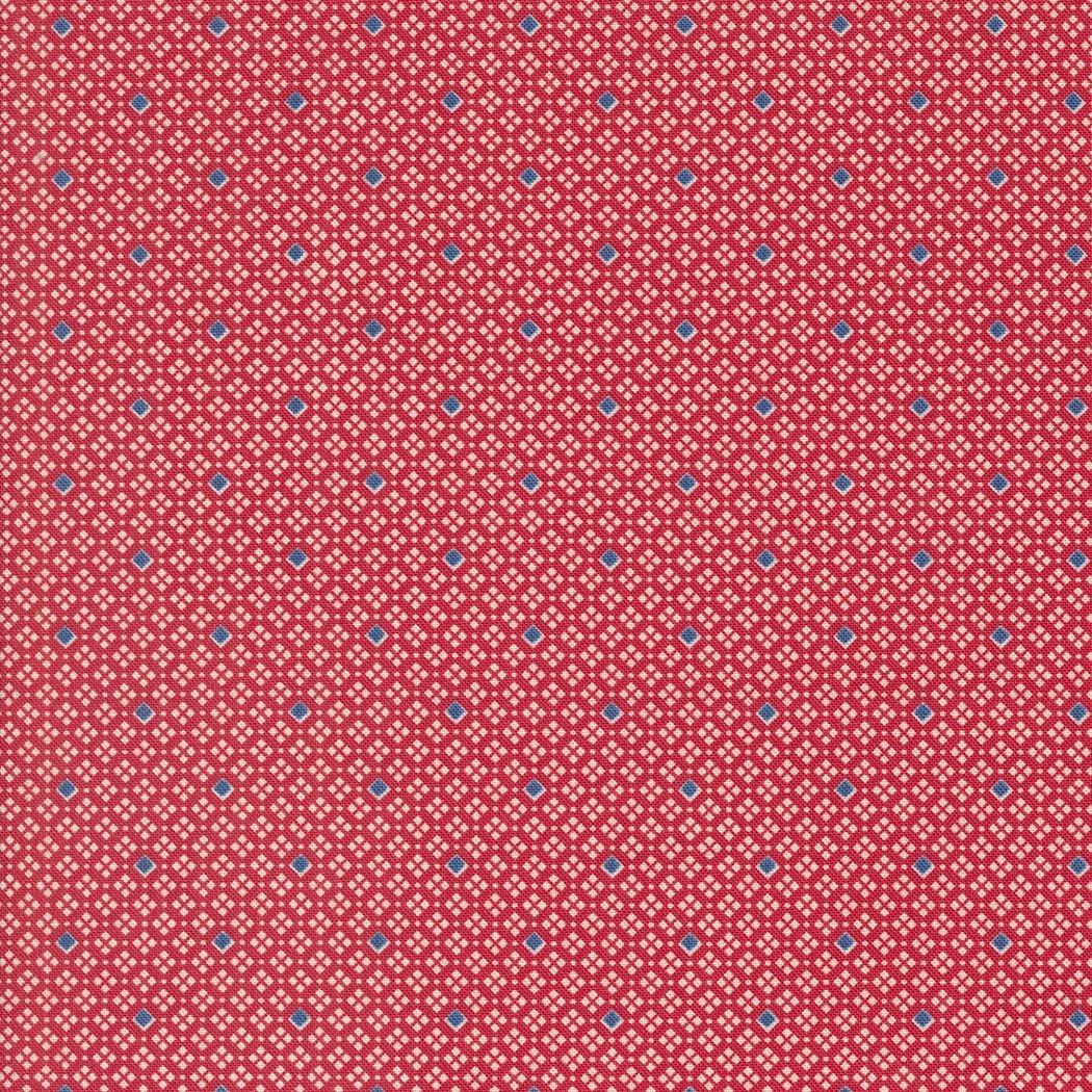 Close-up of a red fabric with a small white diamond pattern and blue dots.