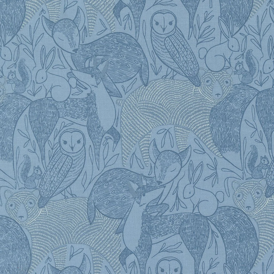 Pattern featuring various outlined animals including foxes, owls, bears, and rabbits, along with leaves and berries, in a monochromatic blue style.