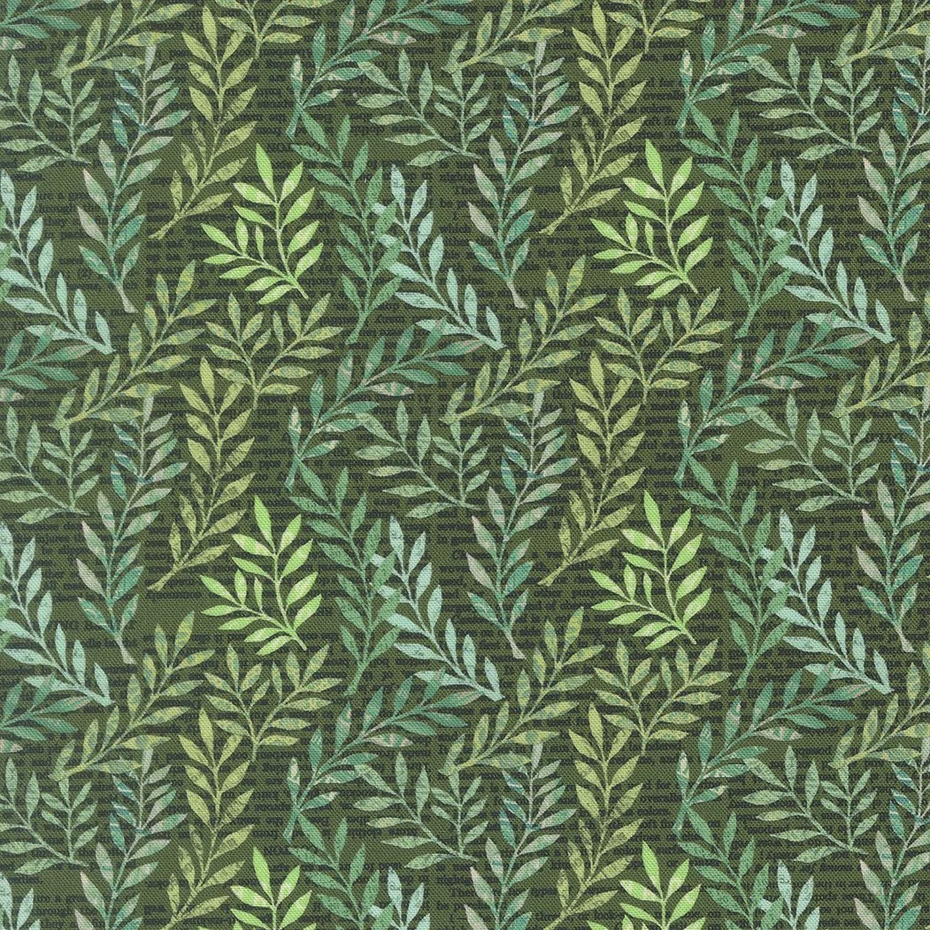 Pattern of green leaves on a dark green fabric background.