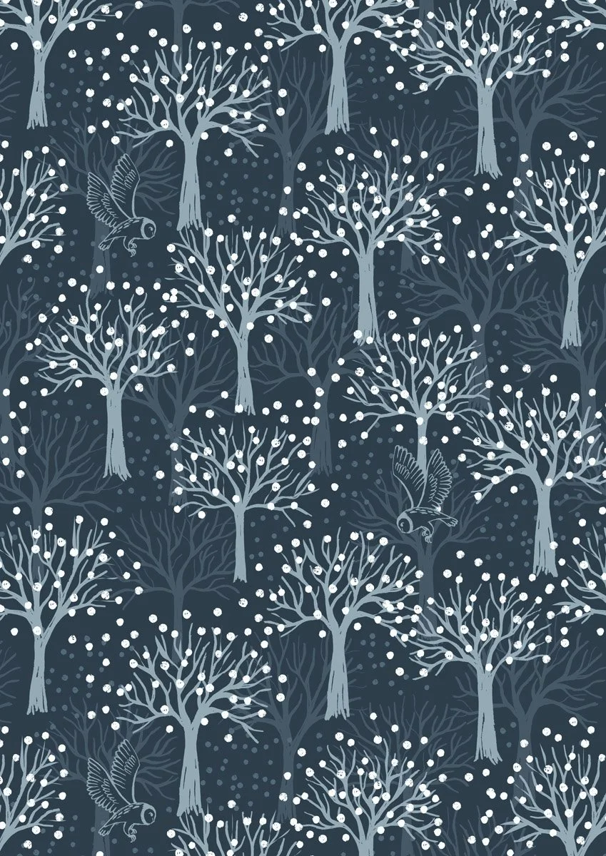 Pattern depicting leafless trees with white dots resembling snow and birds in flight on a dark background.