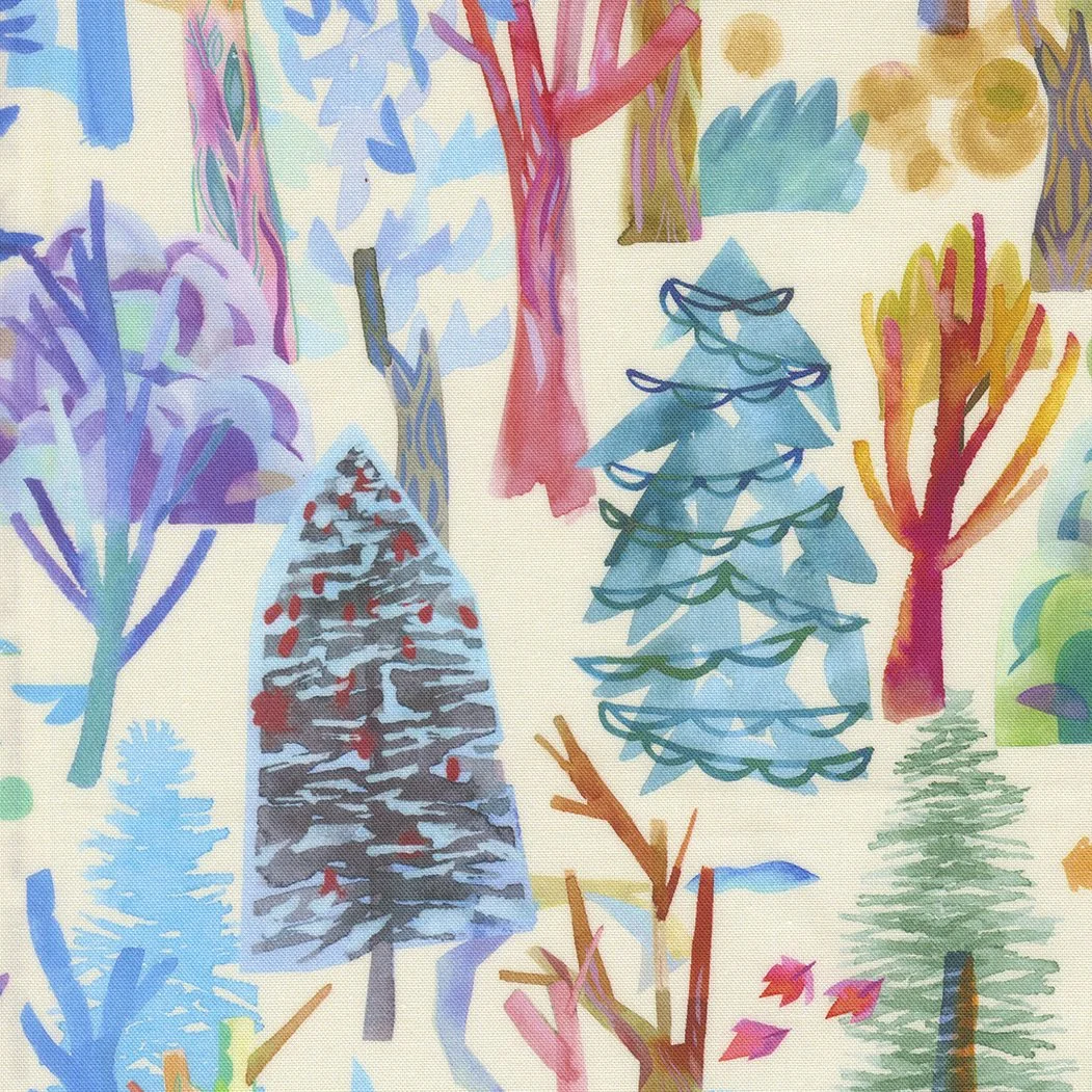 Colorful, abstract watercolor painting of various stylized trees and foliage.