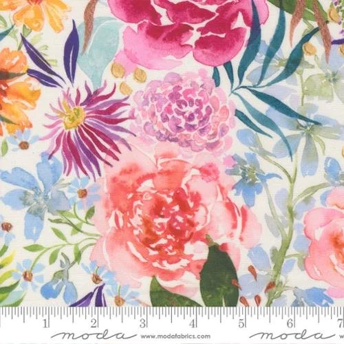 Watercolor floral fabric pattern with pink, purple, orange, and blue flowers and green leaves.