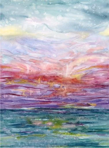 Abstract watercolor painting of a colorful sunset over a body of water.
