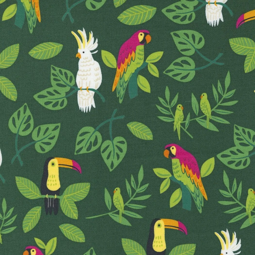 Pattern featuring colorful tropical birds such as toucans, parrots, cockatoos, and small green songbirds, surrounded by various green leaves on a dark green background.