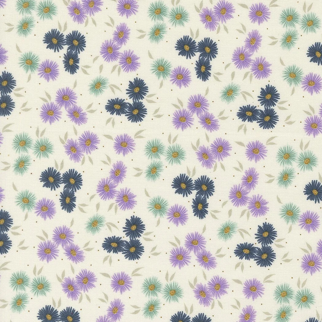 Pattern of purple, teal, and navy blue flowers on a light background with small green leaves and tiny yellow dots.