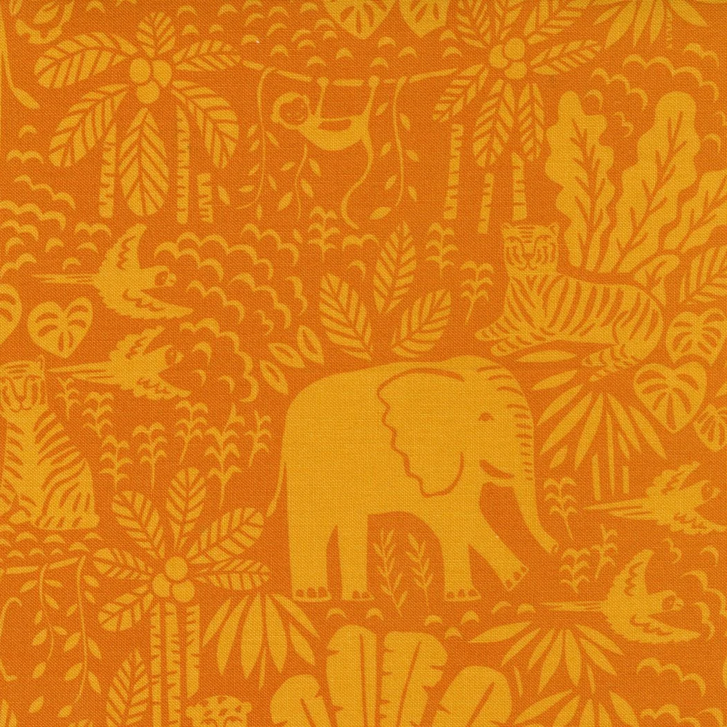 Pattern of jungle animals and plants in orange and yellow.