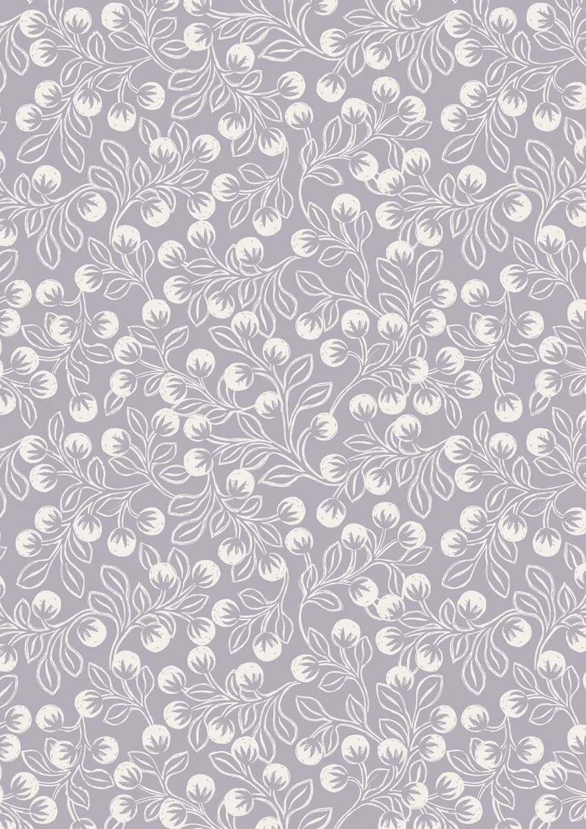 Pattern of white berries and leaves on a lavender background.