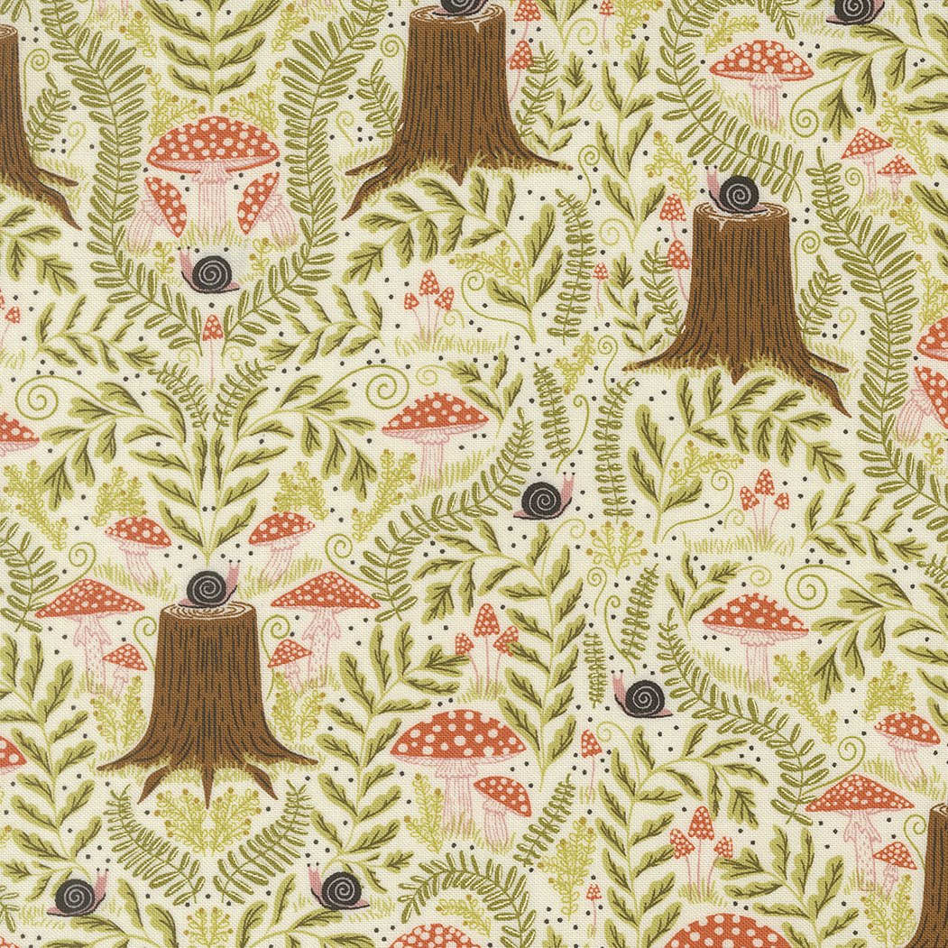 Pattern featuring tree stumps, red and pink mushrooms, green leaves, and small black snails on a light background.