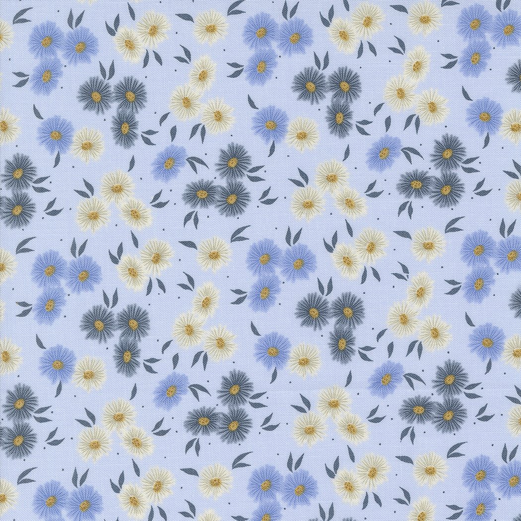A fabric pattern with small blue and white daisies and gray leaves on a light background.