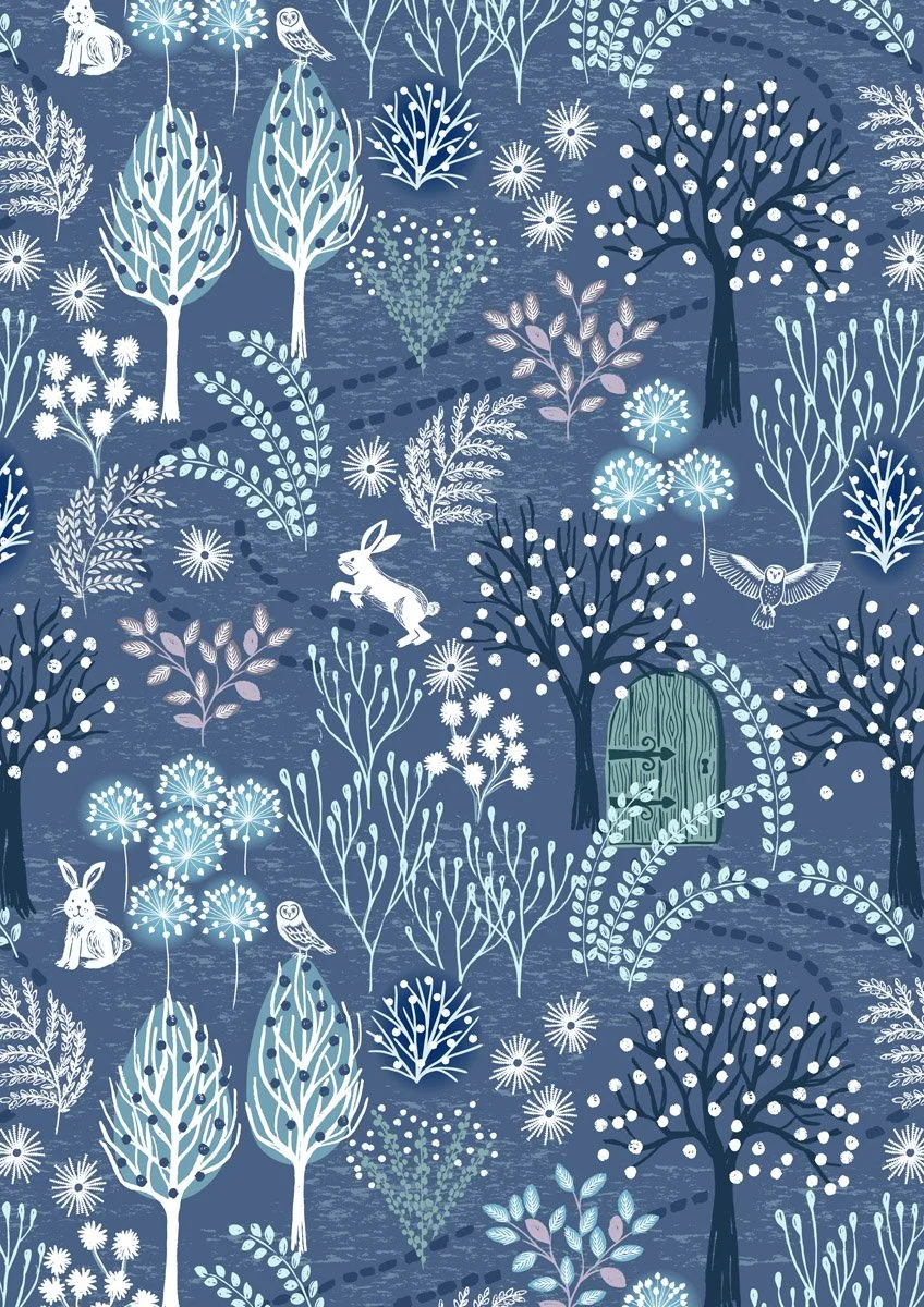 A whimsical, winter-themed pattern featuring stylized trees, rabbits, owls, an owl's winged silhouette, a green wooden door, and various snowflakes and foliage on a dark blue background.