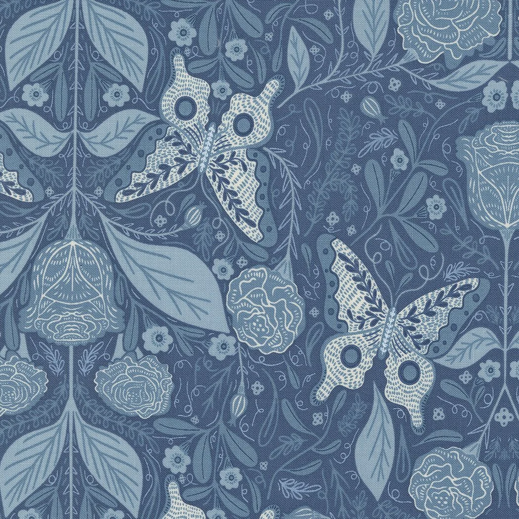 Blue fabric with a pattern of white butterflies, flowers, and leaves.