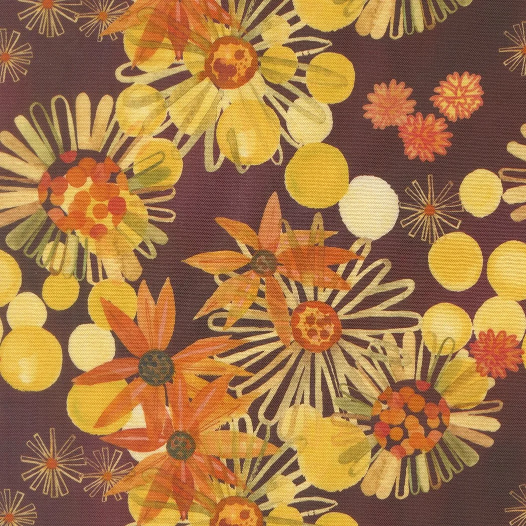 Pattern of abstract flowers and circles in yellow, orange, red, and cream on a dark background.