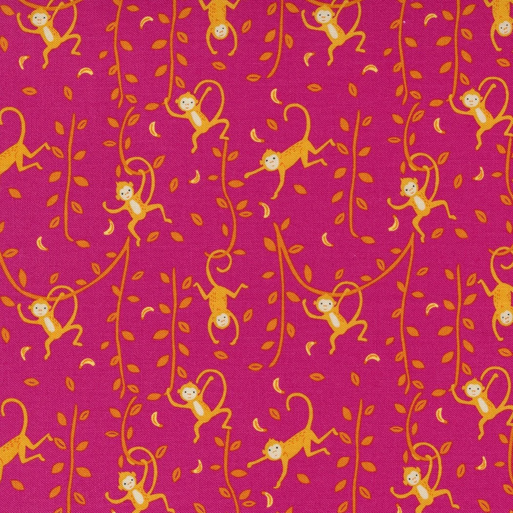 Pattern featuring yellow monkeys swinging on vines with leaves and crescent shapes on a pink background.
