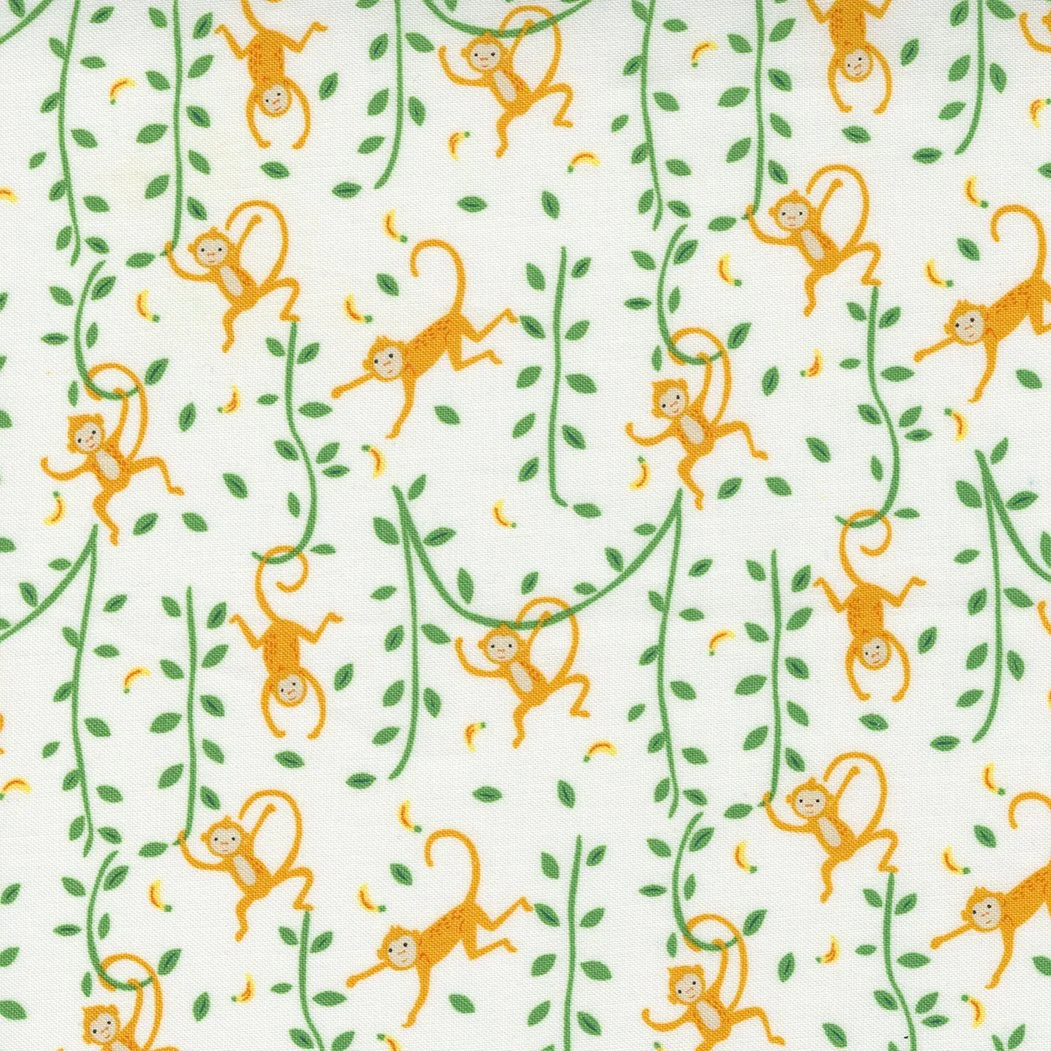 Pattern of cartoon monkeys hanging from green vines with green leaves, on a white background.