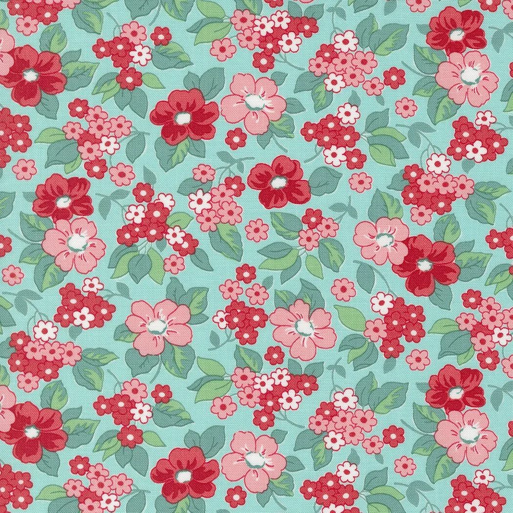 Pattern of pink and red flowers with green leaves on a light turquoise background.