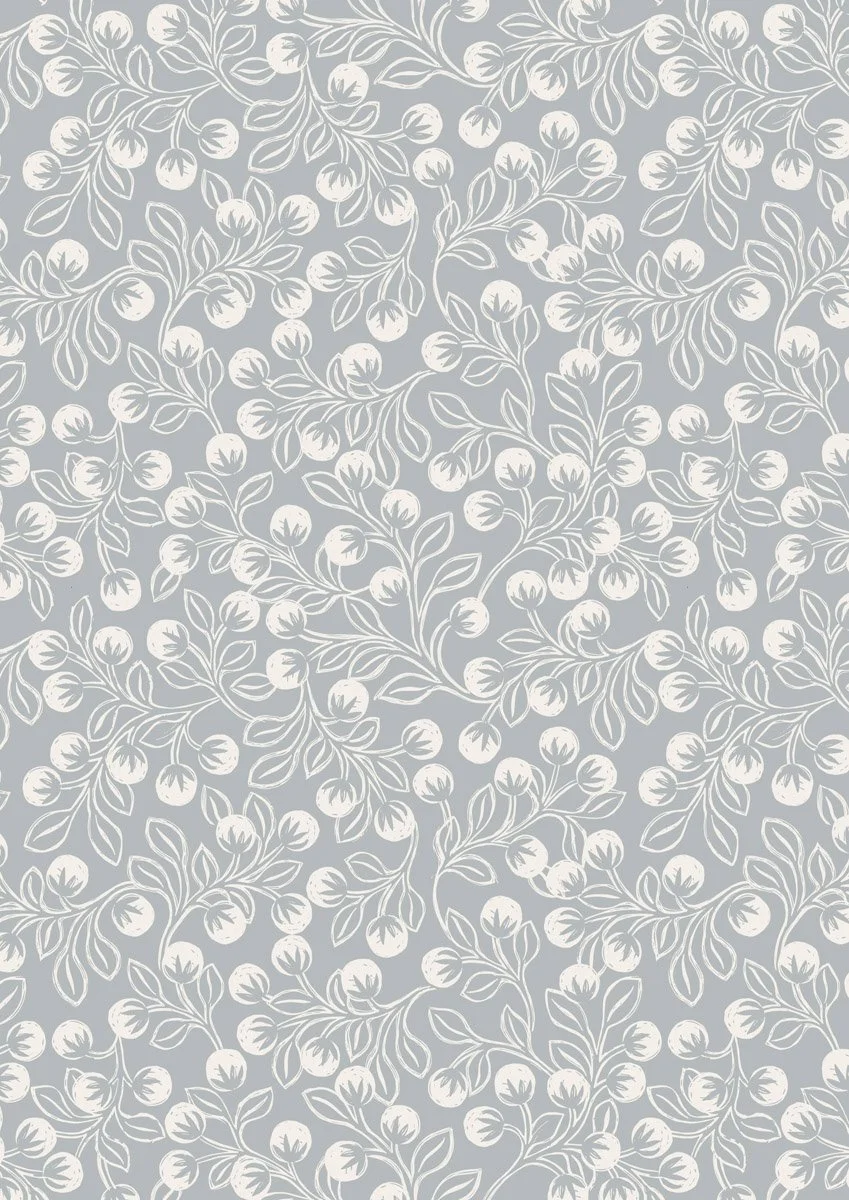 Pattern of white berries with leaves on a light gray background.