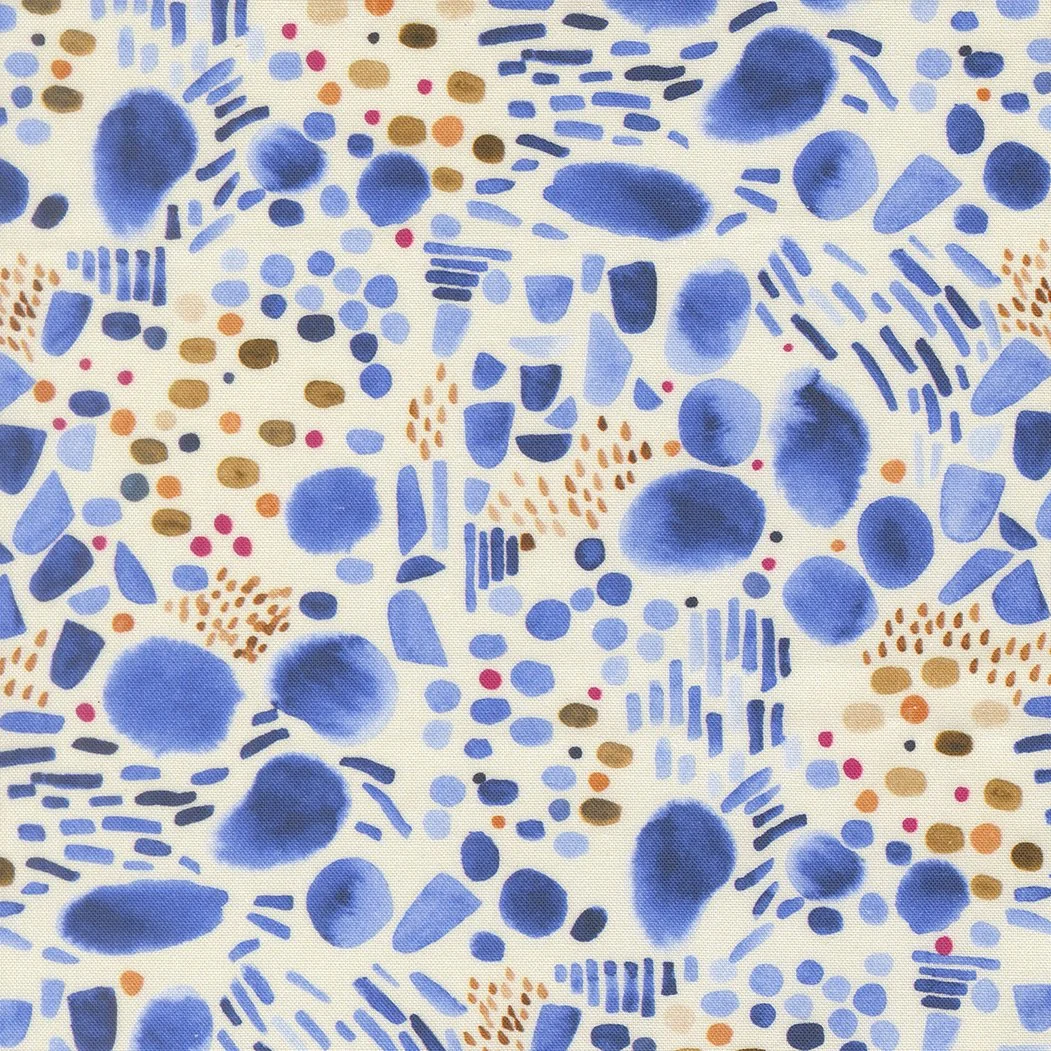 Abstract pattern with blue, orange, brown, pink, and black shapes on a cream background.