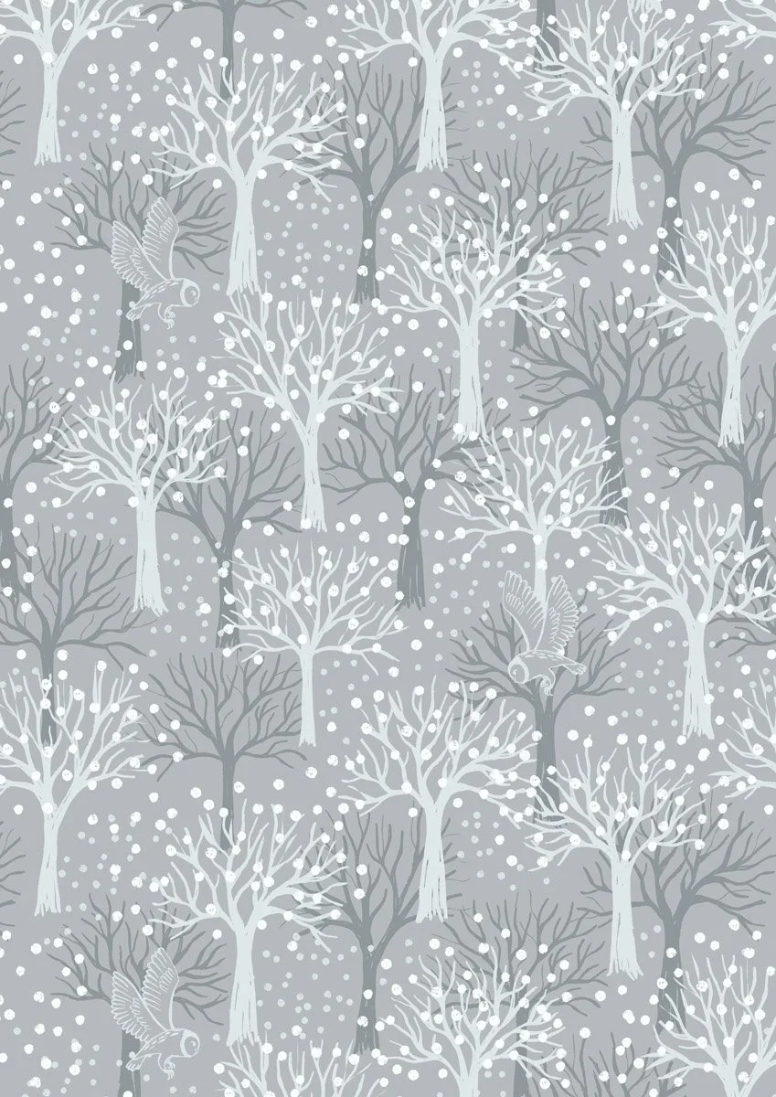 Pattern of leafless trees with white branches, falling snow, and flying birds on a gray background.