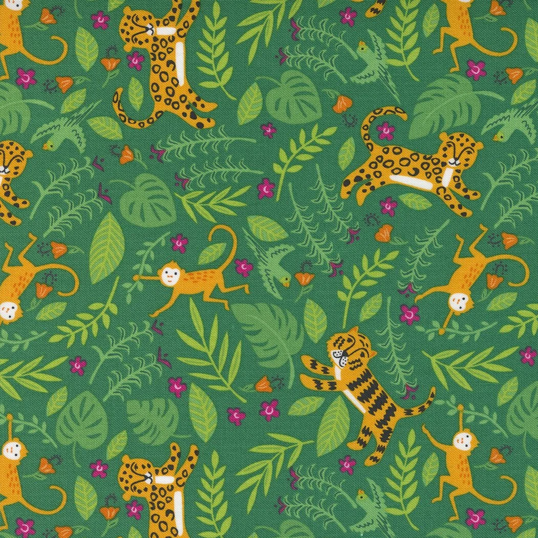 Pattern with jungle animals including tigers, monkeys, and lizards among tropical leaves, flowers, and vines, on a green background.