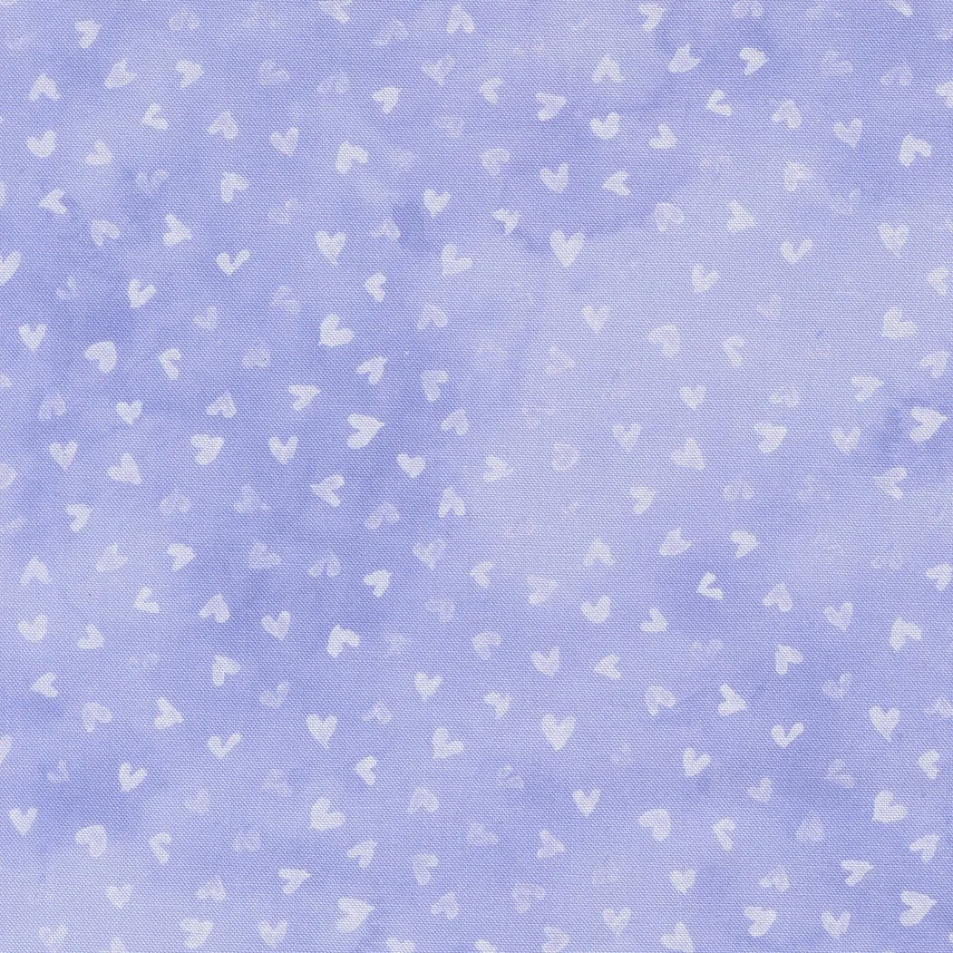 Light purple fabric with small white heart patterns.