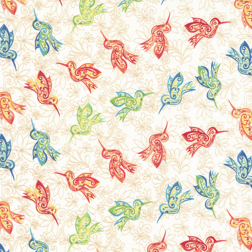 Pattern of colorful, stylized hummingbirds in red, blue, green, and yellow on a white background with light beige floral outlines.