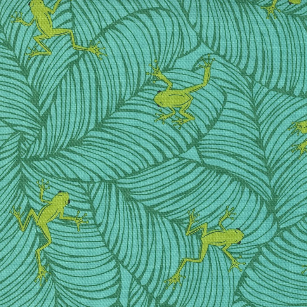 Pattern featuring green frogs on large, striped blue and green tropical leaves.