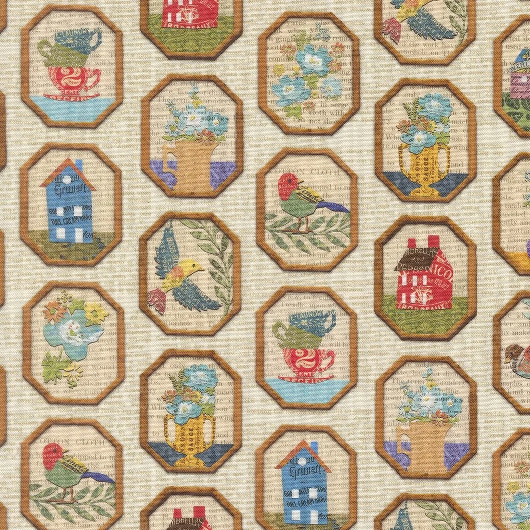 Pattern of embroidered images on fabric featuring various household objects such as teacups, flowers, birds, a house, and a bottle, all framed with wooden borders.