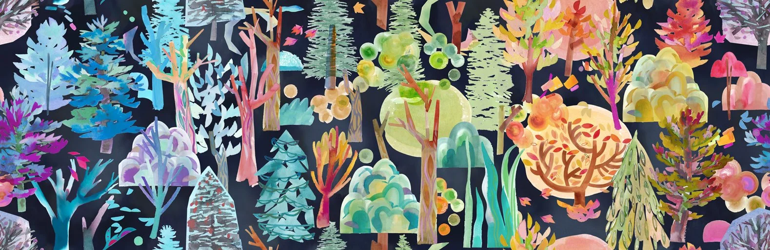 Colorful, abstract landscape of various stylized trees and bushes on a dark background.