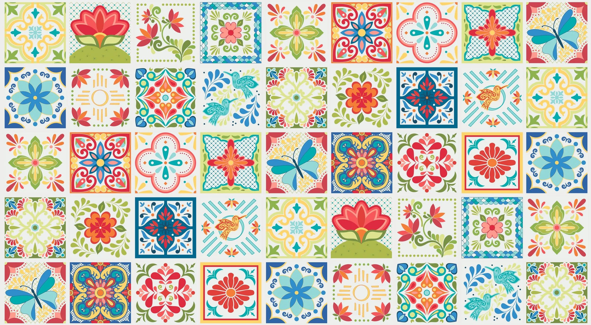 Colorful tile pattern featuring floral and geometric designs, including birds and butterflies, in red, blue, green, yellow, and white.