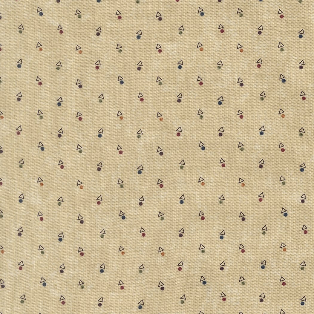 A beige fabric with small, scattered geometric patterns consisting of a triangle with a small circle underneath, in various colors including red, green, blue, orange, and purple.
