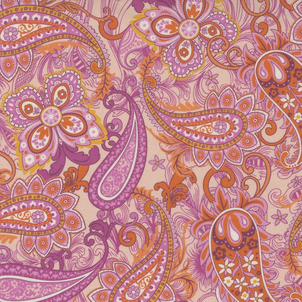 Colorful paisley pattern with pink, orange, purple, and yellow floral and leaf designs.