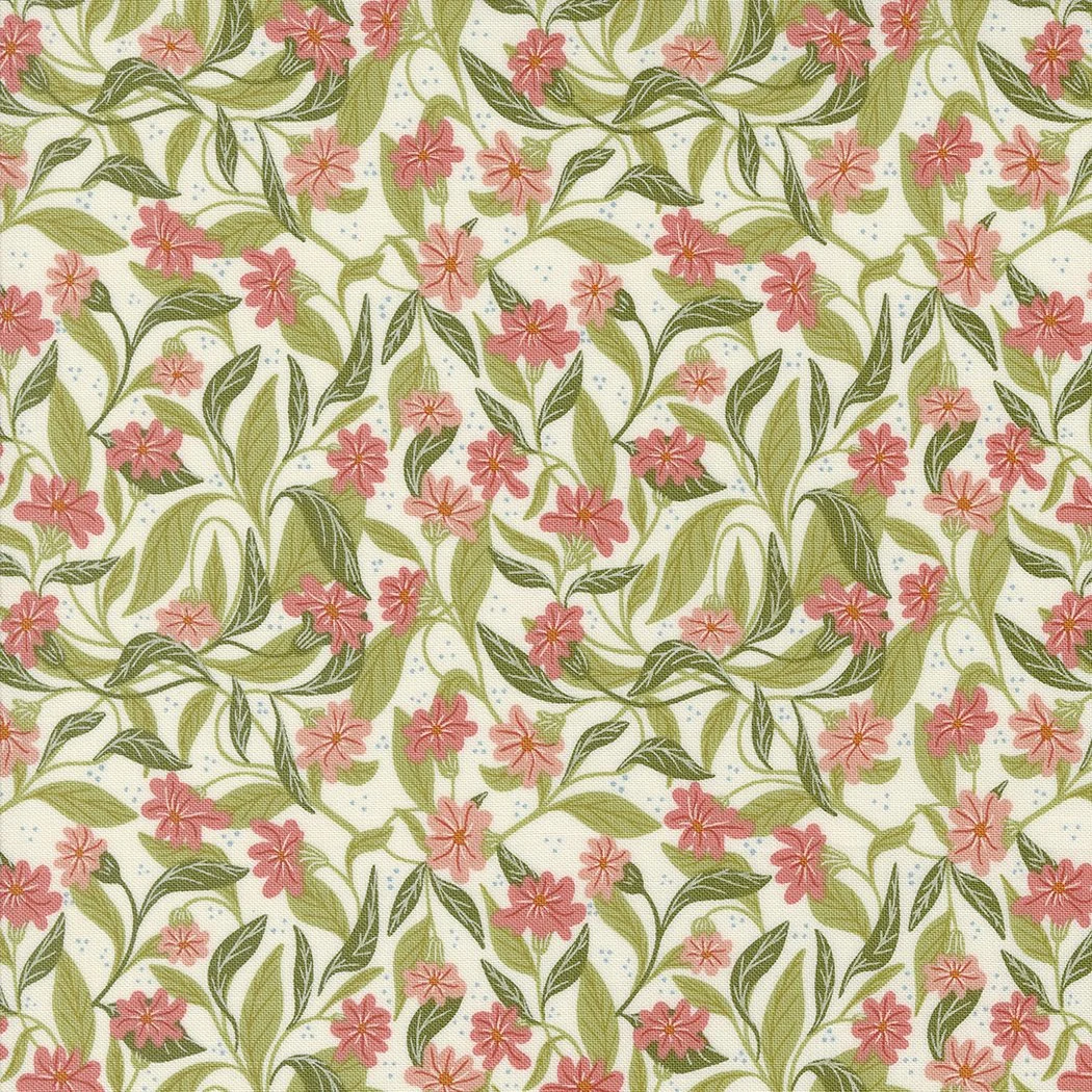 Pattern of pink flowers and green leaves on a light background.