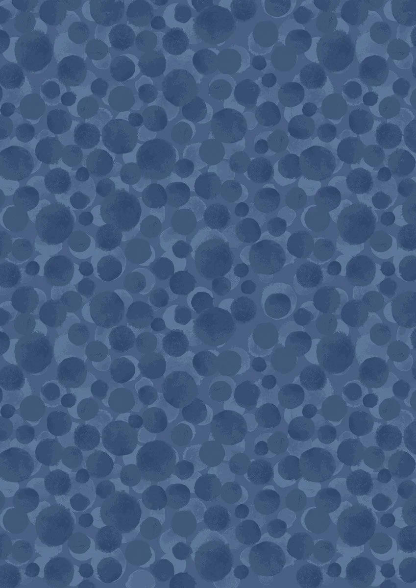 Blue background with numerous dark blue circular dots of varying sizes.