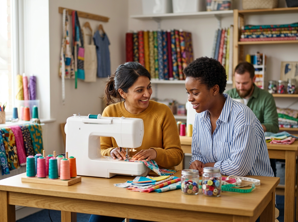 Two women sitting at a table in a sewing room with a sewing machine, colorful thread spools, fabric, and jars of buttons, happily chatting while working on a sewing project, with a man in the background working at another table.