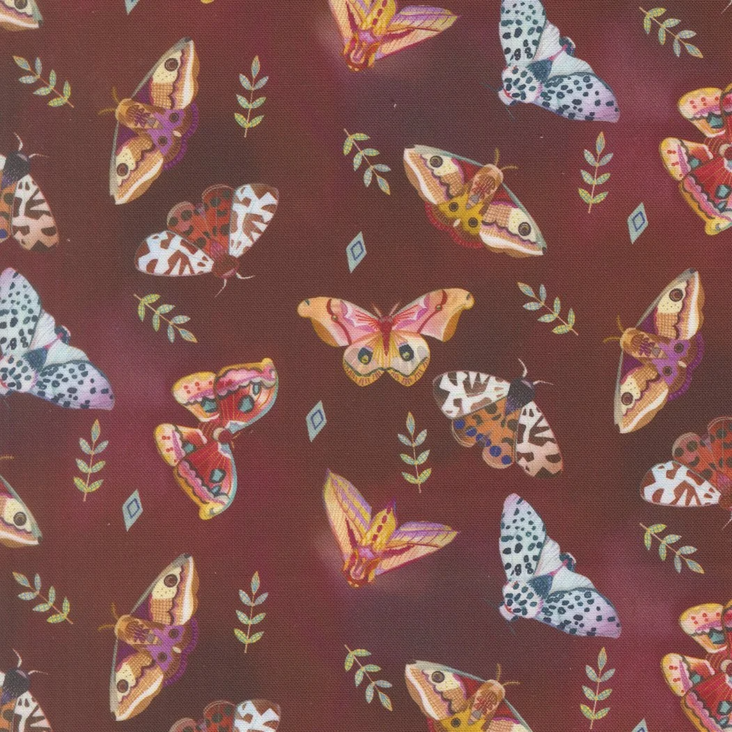 Pattern of colorful butterflies and small green leaves on a maroon background.