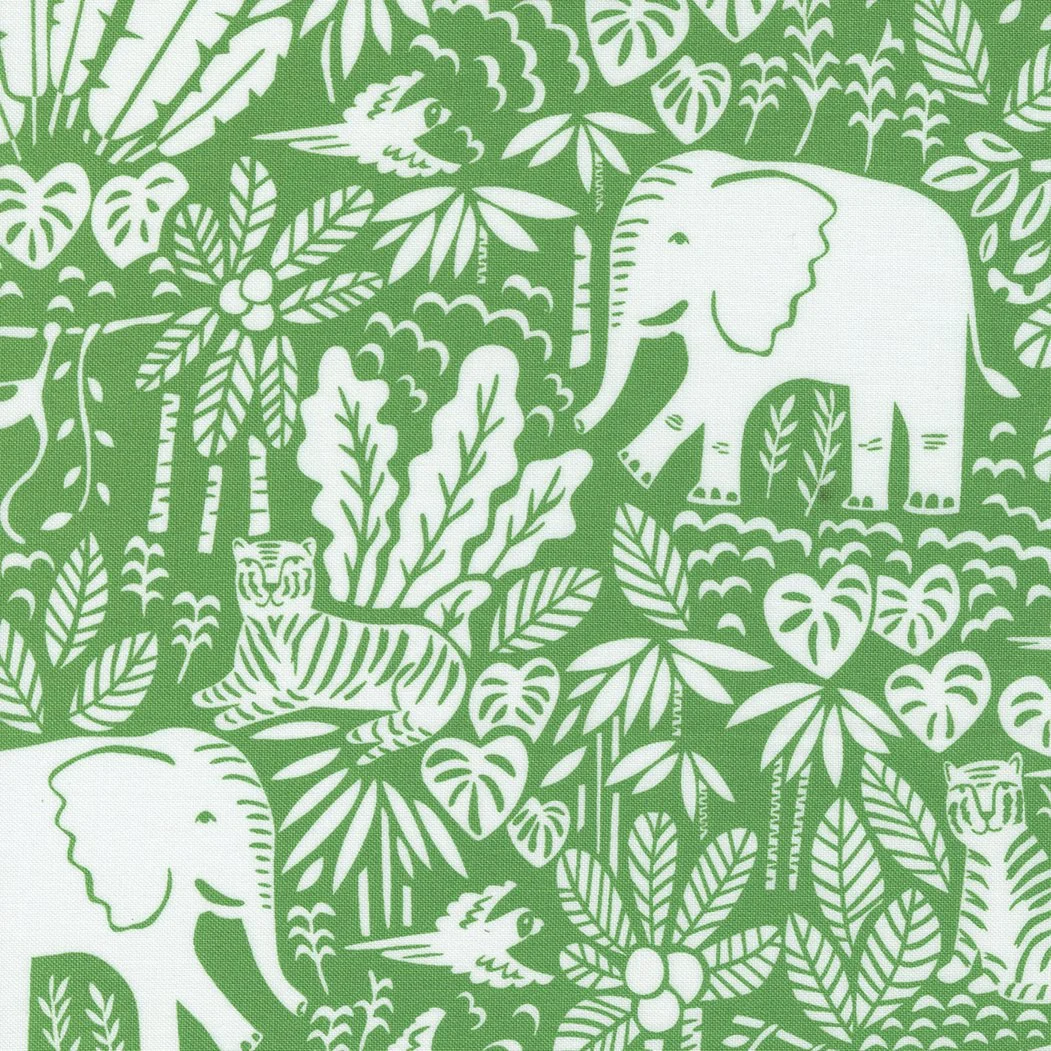 Green and white tropical jungle scene with elephants, tigers, birds, and lush foliage.