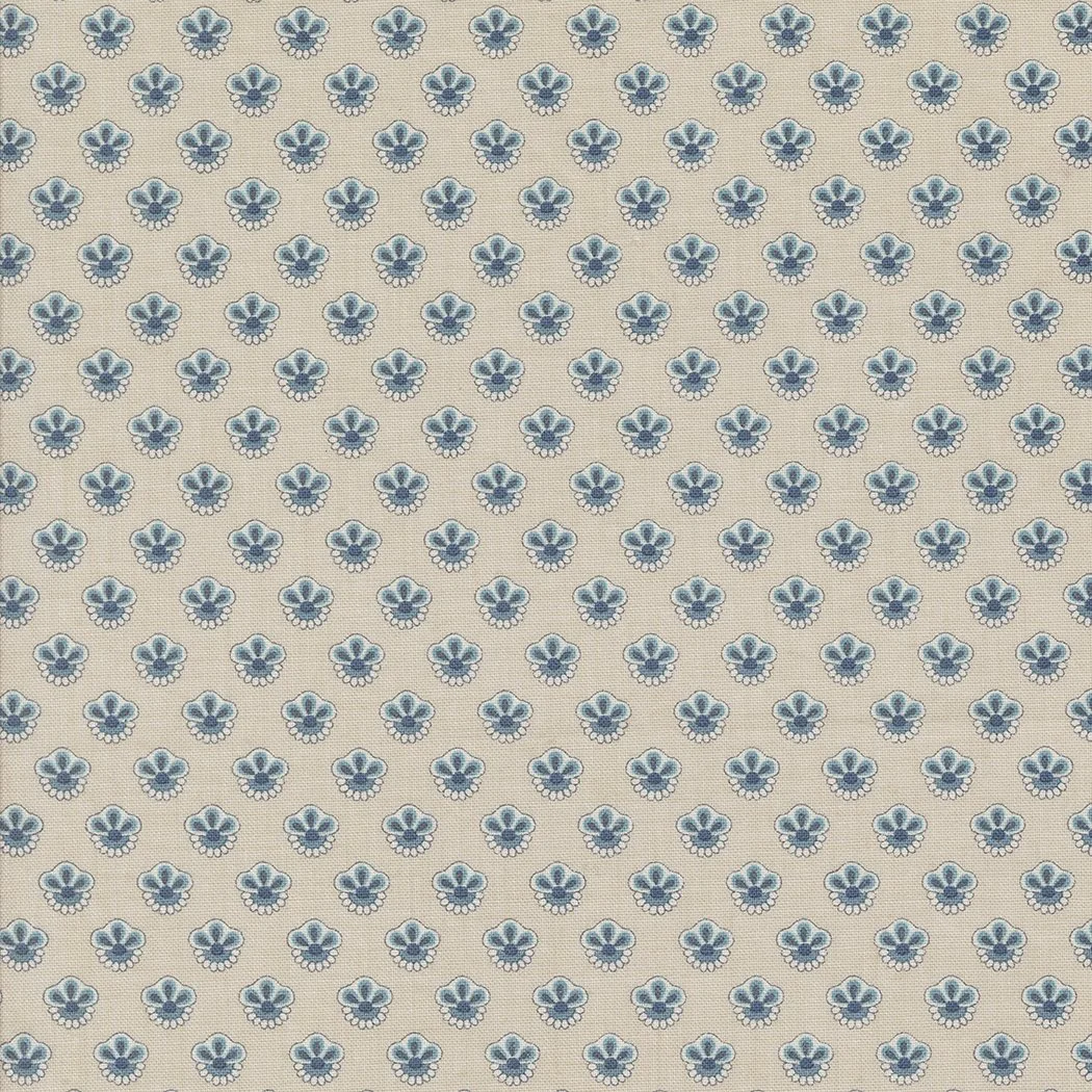 A fabric or wallpaper pattern featuring small blue floral motifs on a beige background.