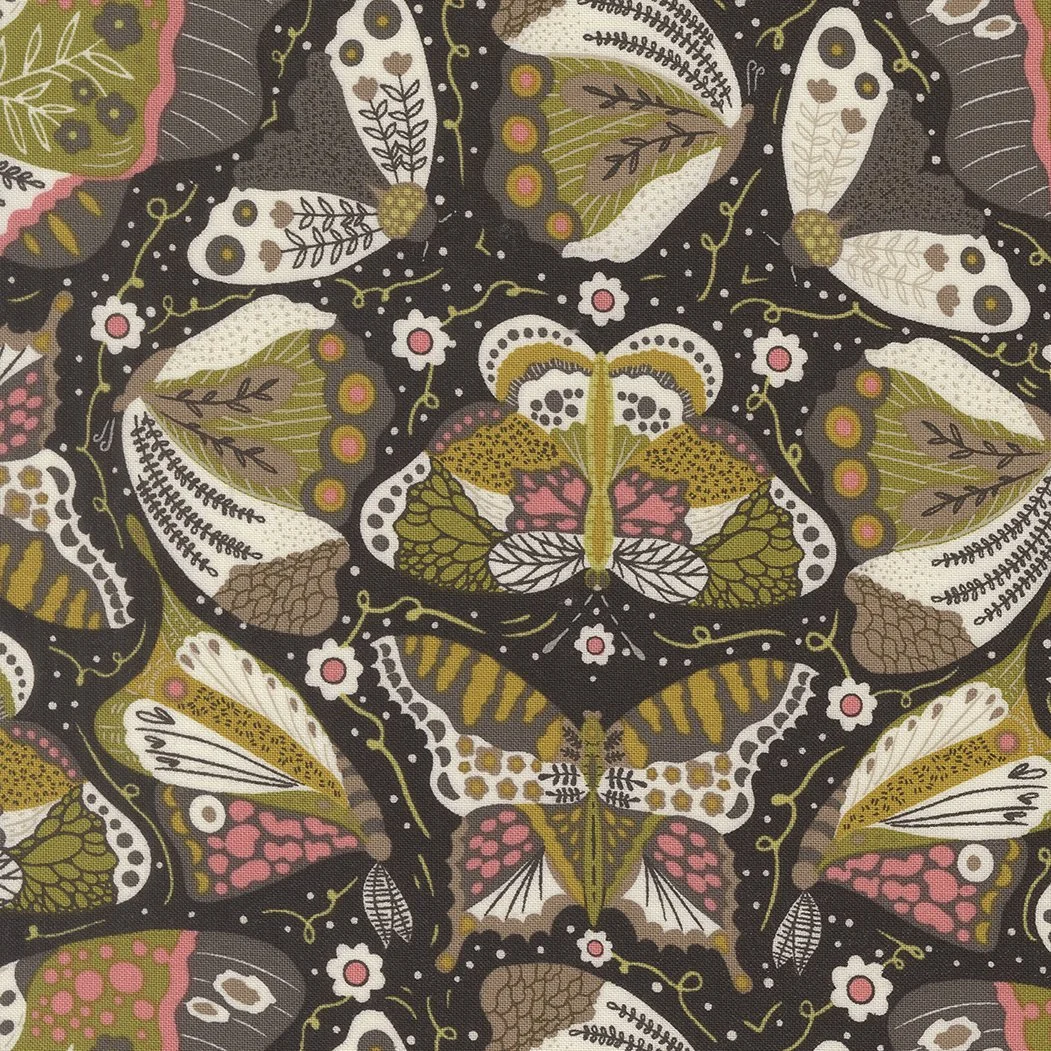 Pattern of various colorful butterflies and small flowers on a dark background.