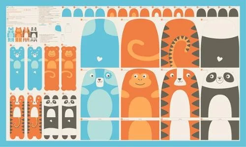 Colorful animal wrapping paper featuring bears, cats, tigers, and pandas in orange, blue, black, and white, with various patterns and small illustrations.