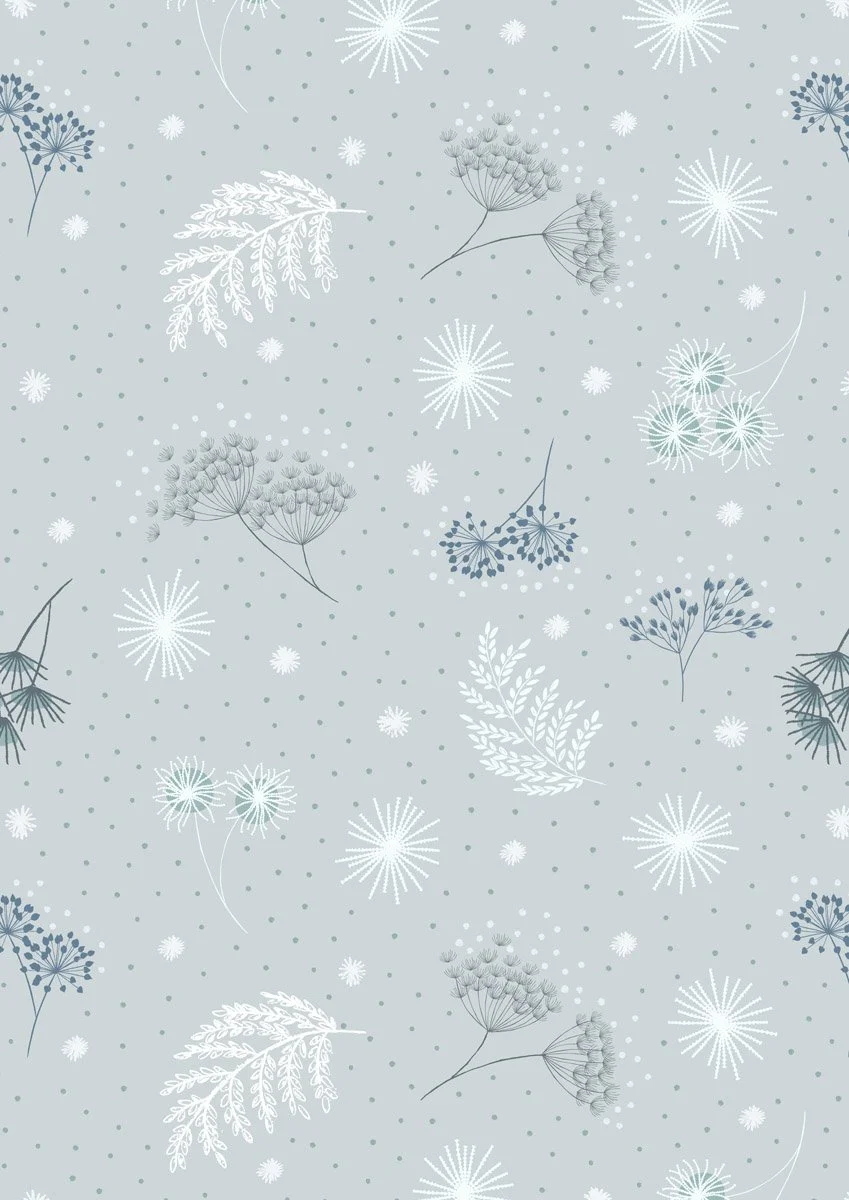 Pattern with white, gray, and dark blue botanical illustrations, firework designs, and dots on a light gray background.