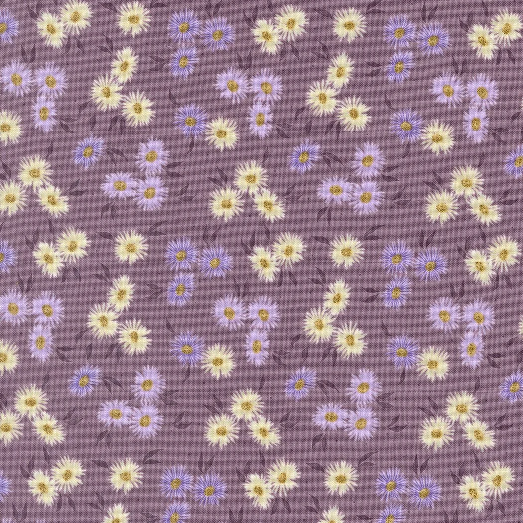 A fabric pattern with small white and purple daisies on a mauve background.