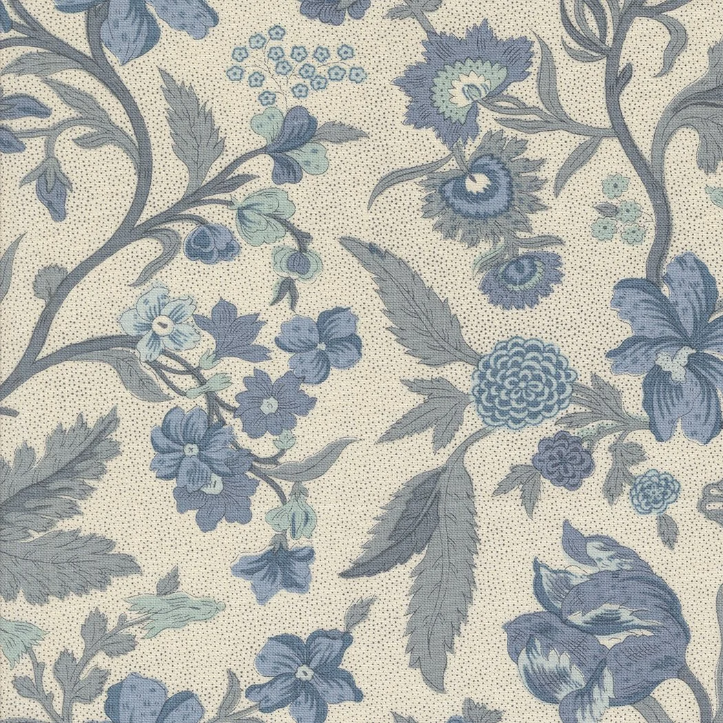 Pattern of blue and gray floral design on a beige background.