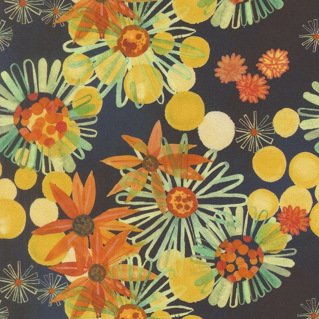 Colorful floral pattern with orange, yellow, green, and cream flowers and abstract shapes on a black background.