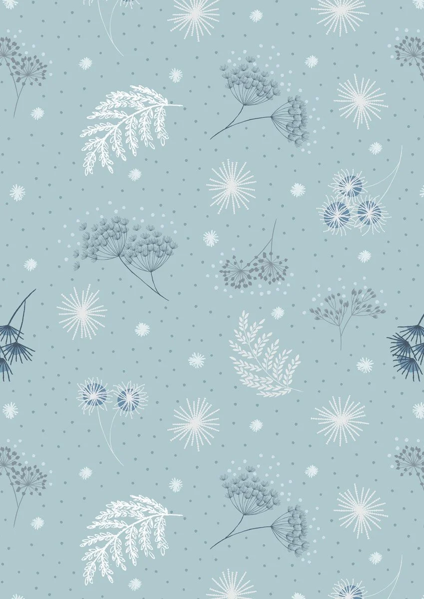 Light blue background with a pattern of white and gray botanical and floral illustrations, including leaves, ferns, and dandelions, along with small dotted accents.