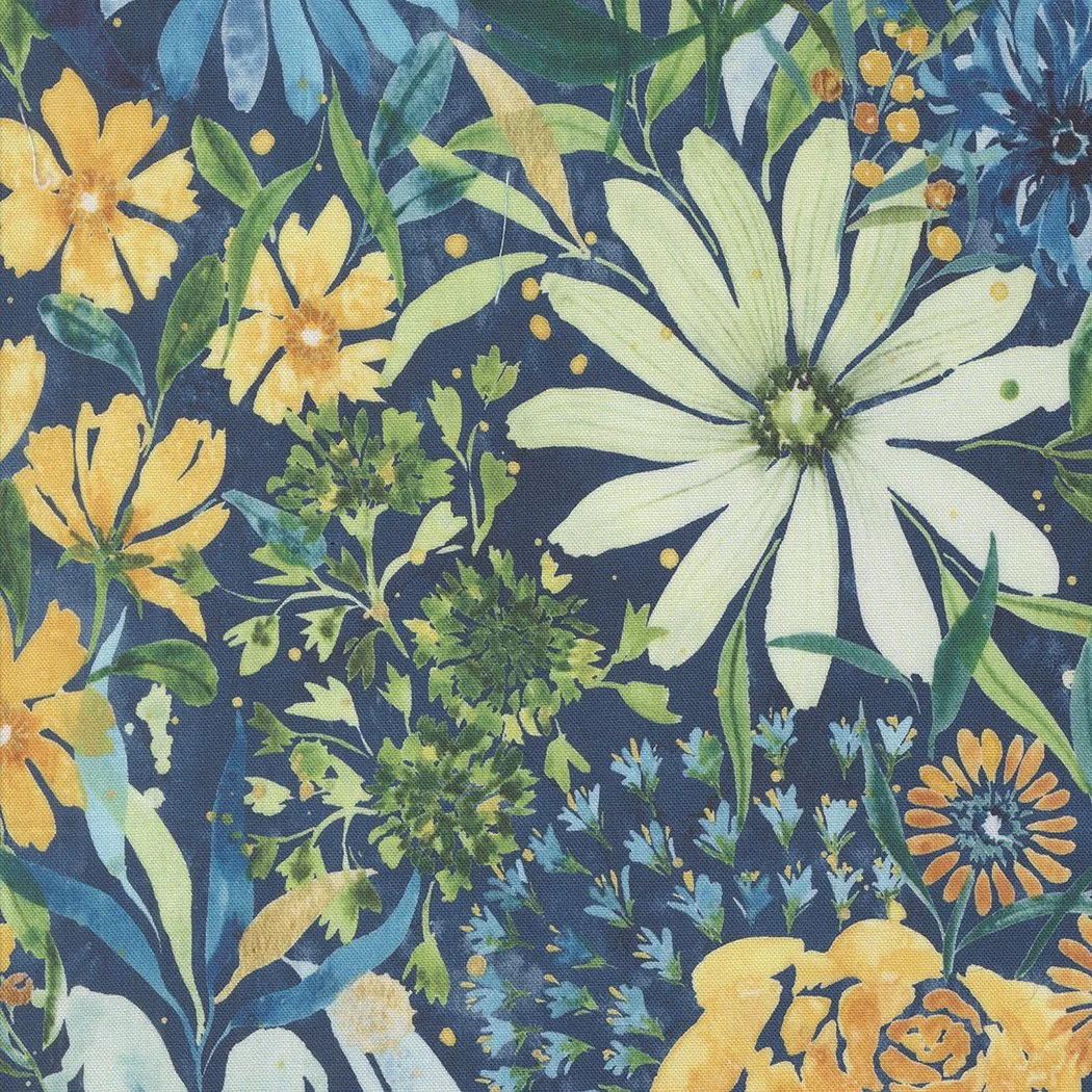 Colorful floral pattern with yellow, white, and orange flowers, green leaves, and small blue and yellow accents on a navy background.