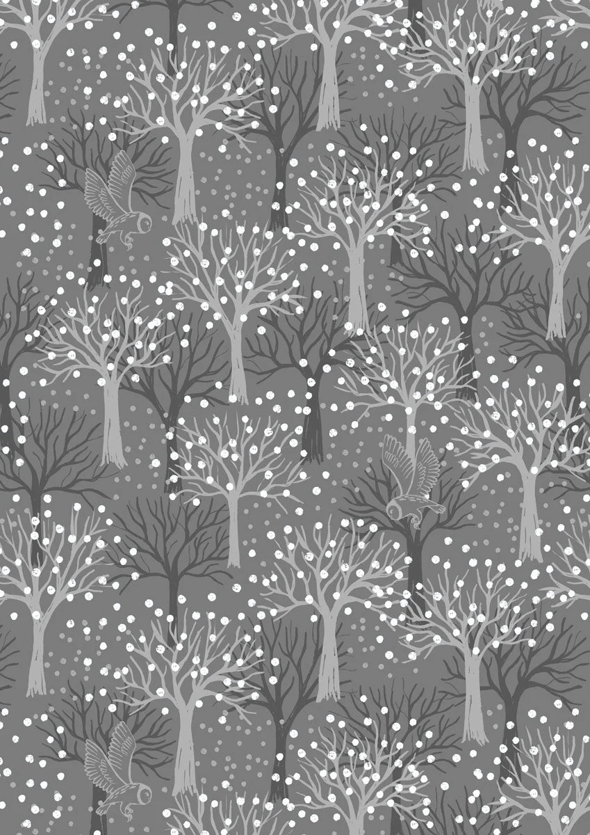 Gray pattern of leafless trees with white dots representing snow or berries, and birds sitting on branches in a winter scene.