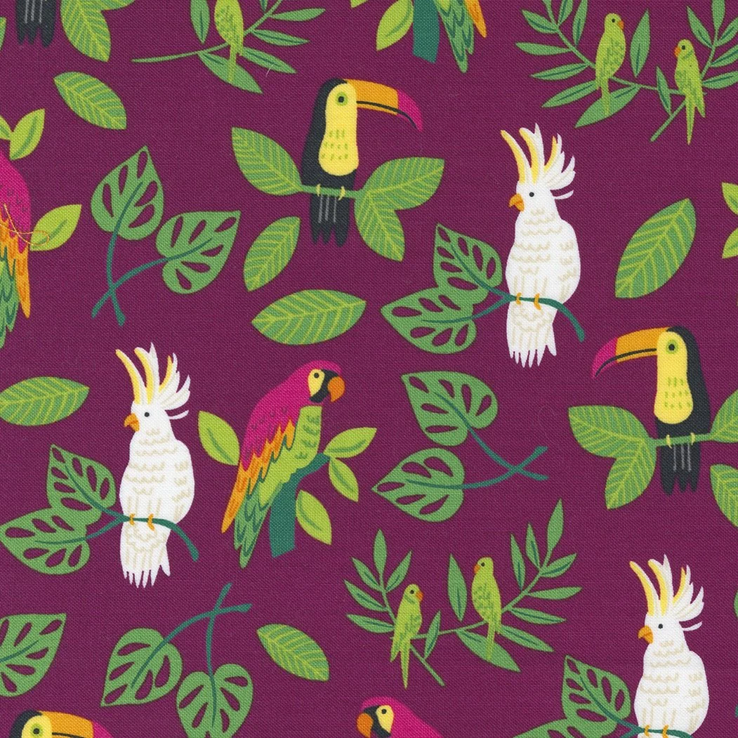 Pattern featuring colorful tropical birds, including toucans with black bodies and yellow beaks, cockatoos with white bodies and crest, and parrots with pink and green feathers, set against a purple background with green leaves.