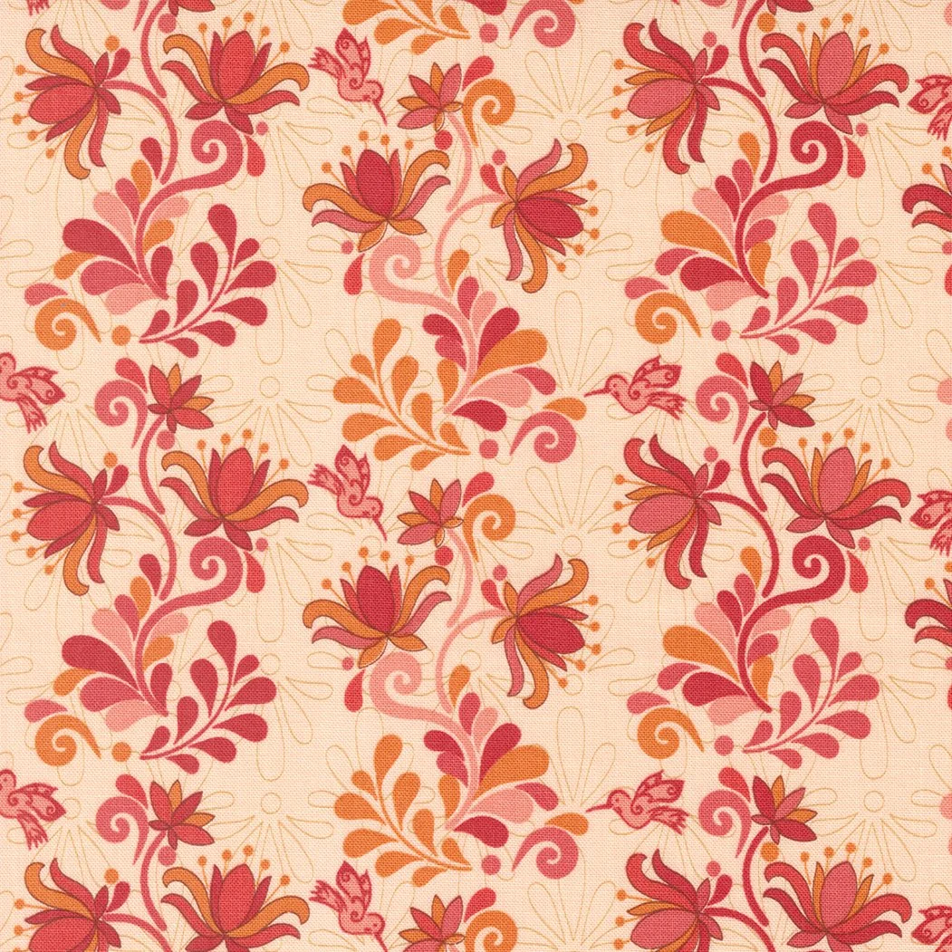 A fabric pattern with red and orange floral designs on a light cream background.