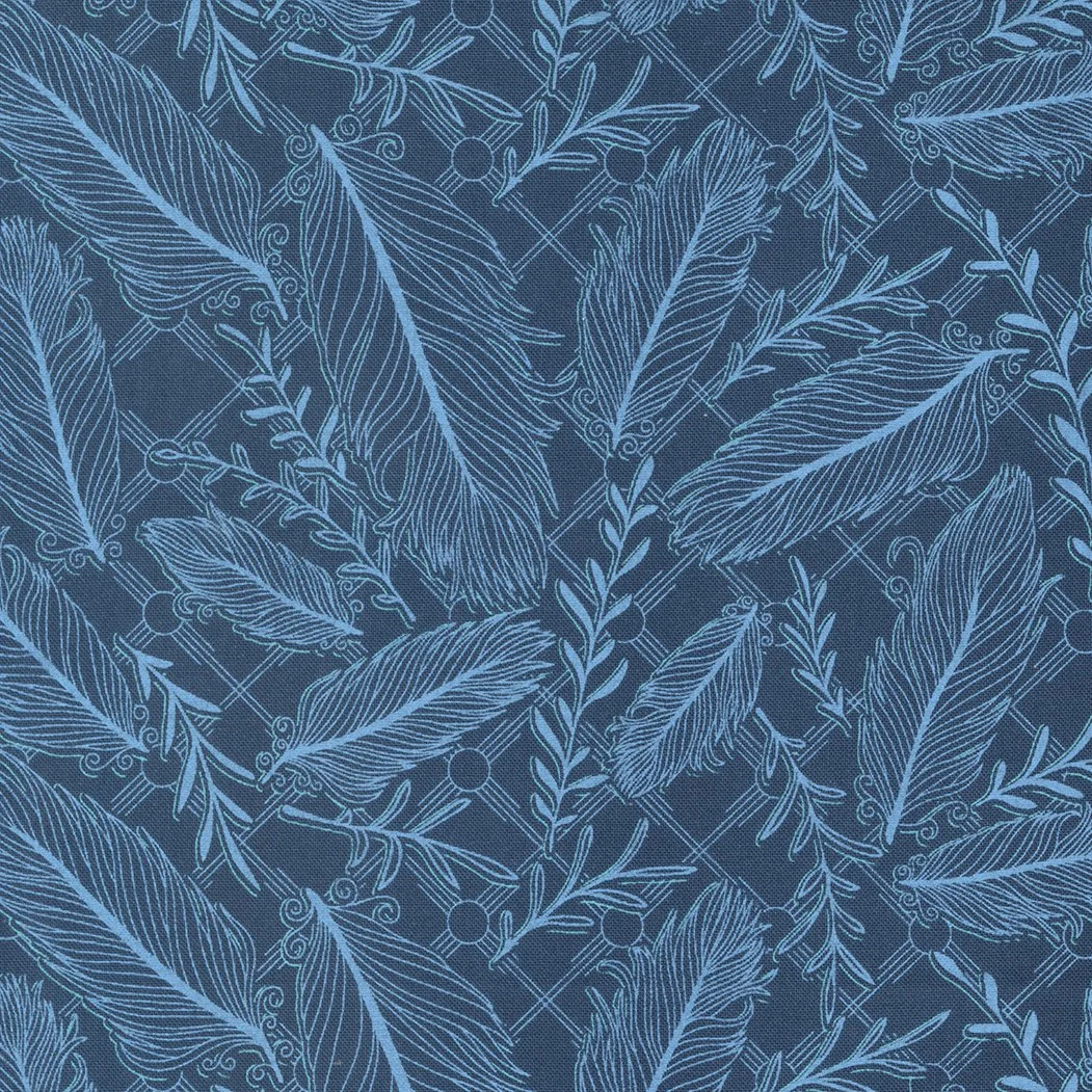 Pattern of stylized tropical leaves and berries in shades of blue.